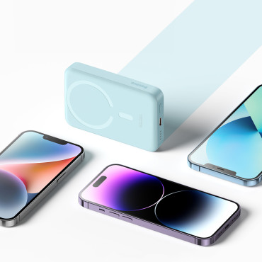 PowerBank induktīvais magnētiskais mini 10000 mAh 30W + USB-C kabelis - zils