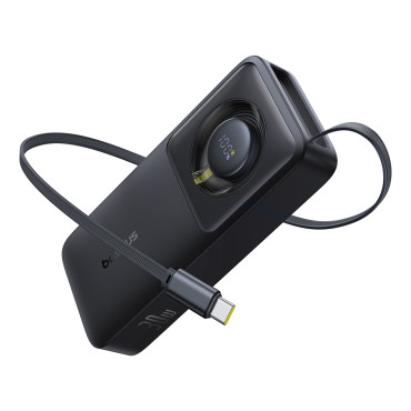 Powerbank 10000MAH 30W USB-C portral és legördülő USB-C Free2Pull kábel - fekete