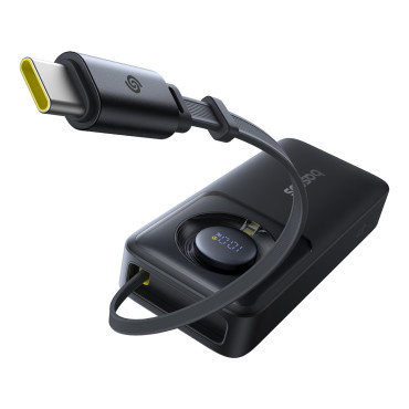 Powerbank 10000mAh 30W mit USB-C-Anschluss und Dropdown-USB-C-Free2Pull-Kabel - Schwarz