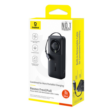 PowerBank 10000MAH 30W ar USB-C portu un nolaižamo USB-C Free2Pull kabeli - melns