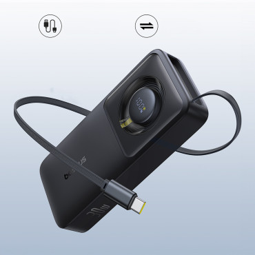 PowerBank 10000MAH 30W ar USB-C portu un nolaižamo USB-C Free2Pull kabeli - melns