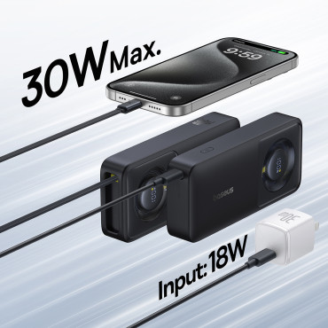 PowerBank 10000MAH 30W ar USB-C portu un nolaižamo USB-C Free2Pull kabeli - melns