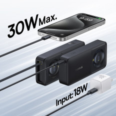 Powerbank 10000mAh 30W con porta USB-C e cavo USB-C a discesa Cavo Free2Pull - Nero