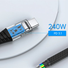 Kabelinė USB C-USB-C kabelis su PD 3.1 240W Magnetinio organizatoriaus 1.8m - juoda