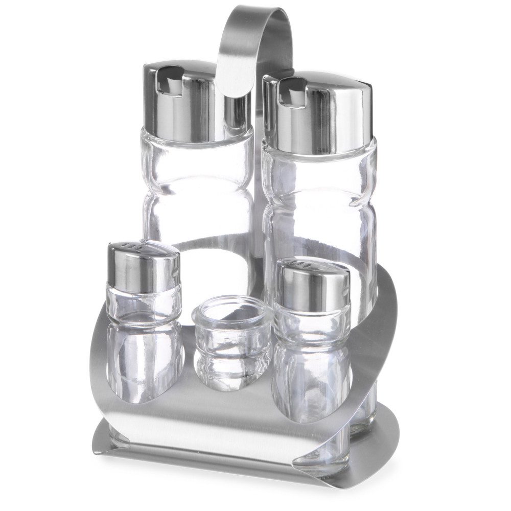 Edelstahlgewürze Set Salzpfeffer-Öl-Essig-Schultzahnstocher - Hendi 465363 Edelstahlgewürze Set Salzpfeffer-Öl-Essig-Schultzahnstocher - Hendi 465363