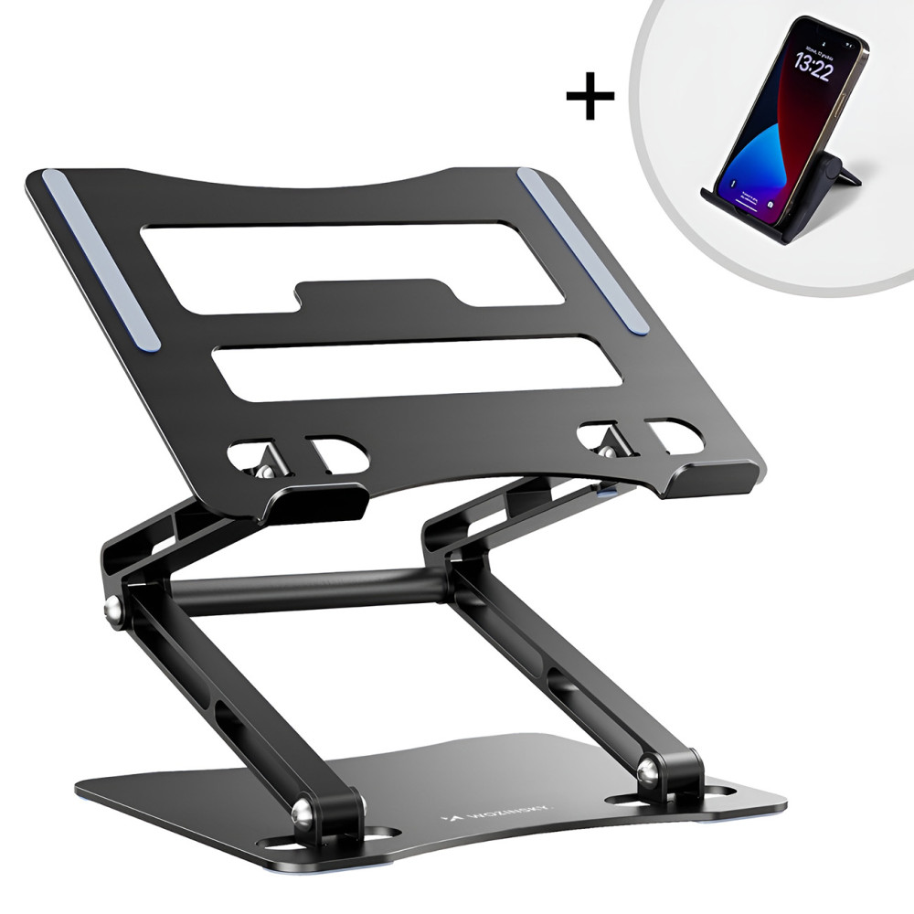 Soporte de aluminio portátil + Soporte para teléfono inteligente - Negro
