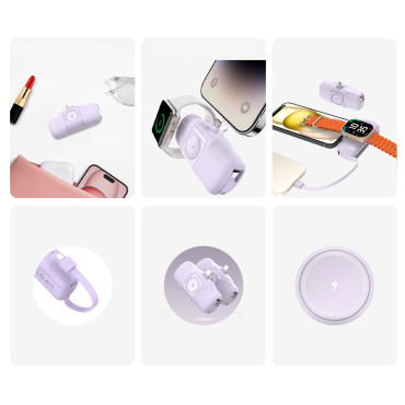 Mini Powerbank 5000mAh 15W USB-C en oplader voor Apple Horloge - paars
