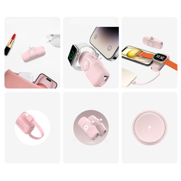 Mini PowerBank 5000mah 15W USB-C un lādētājs Apple Skatīties - rozā