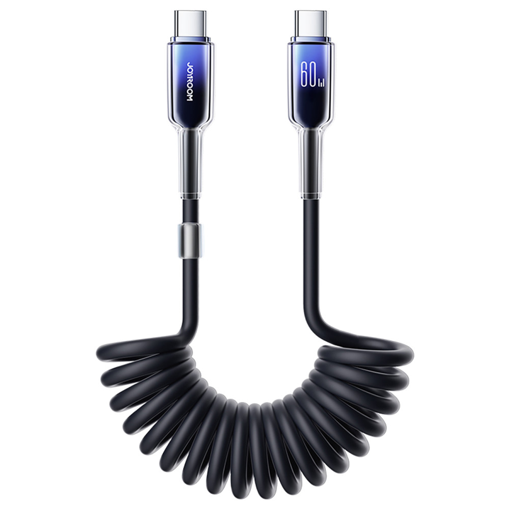 USB-C Spiral Cable - USB-C kristāla skaidra sērija 60W 1.5m - melns