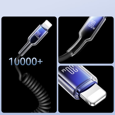 Kabel-Spiralkabel USB-C - iPhone-Blitz-Kristall-Clear-Serie 30W 1.5m - schwarz
