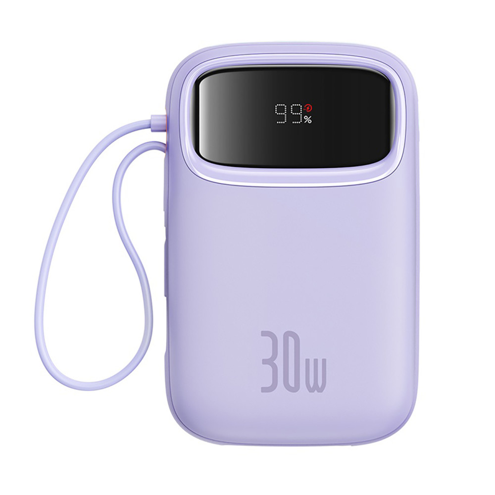Power Bank 10000mAh qpow 2 30W ar iebūvētiem USB-C kabeļiem - violetu