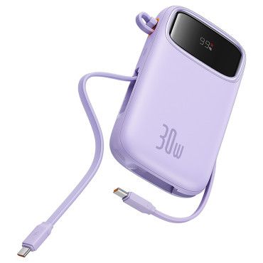 Power Bank 10000mAh qpow 2 30W ar iebūvētiem USB-C kabeļiem - violetu
