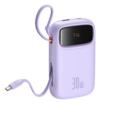 Power Bank 10000mAh qpow 2 30W ar iebūvētiem USB-C kabeļiem - violetu