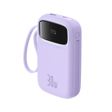 Power Bank 10000mAh qpow 2 30W ar iebūvētiem USB-C kabeļiem - violetu