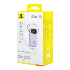 Power Bank 10000mAh qpow 2 30W ar iebūvētiem USB-C kabeļiem - violetu