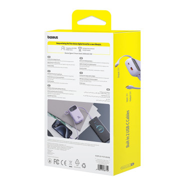 Power Bank 10000mAh qpow 2 30W ar iebūvētiem USB-C kabeļiem - violetu