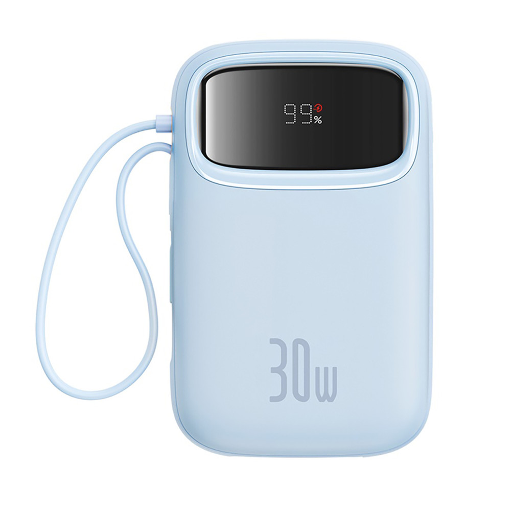 Power Bank 10000mAh qpow 2 30W ar iebūvētiem USB-C kabeļiem - zilā krāsā