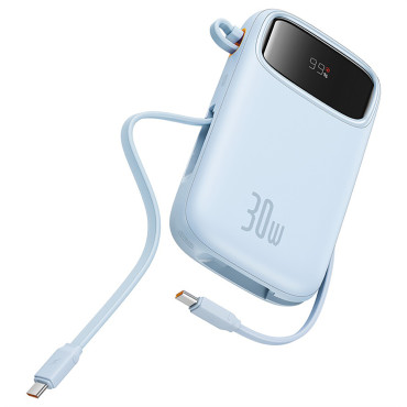 Power Bank 10000mAh qpow 2 30W ar iebūvētiem USB-C kabeļiem - zilā krāsā