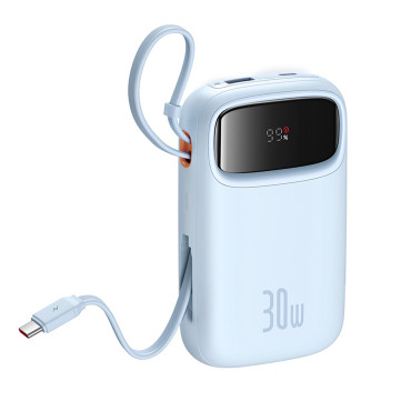 Power Bank 10000mAh qpow 2 30W ar iebūvētiem USB-C kabeļiem - zilā krāsā