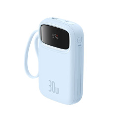 Power Bank 10000mAh qpow 2 30W ar iebūvētiem USB-C kabeļiem - zilā krāsā