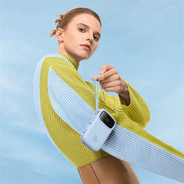 Power Bank 10000mAh qpow 2 30W ar iebūvētiem USB-C kabeļiem - zilā krāsā
