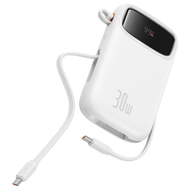 Power Bank 10000mAh QPOW 2 30W ar iebūvētiem USB-C kabeļiem - balti