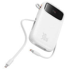 Power Bank 10000mAh QPOW 2 30W ar iebūvētiem USB-C kabeļiem - balti