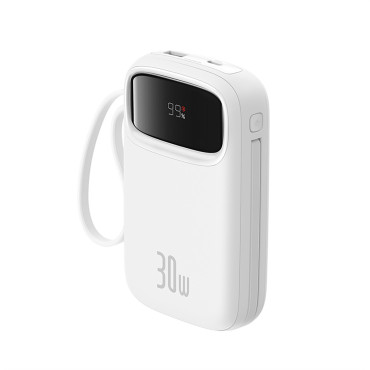 Power Bank 10000mAh QPOW 2 30W ar iebūvētiem USB-C kabeļiem - balti