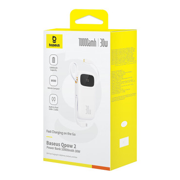 Power Bank 10000mAh QPOW 2 30W ar iebūvētiem USB-C kabeļiem - balti