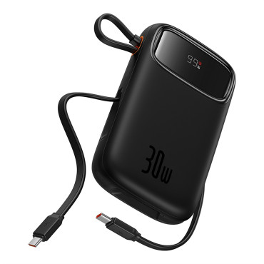 Power Bank 10000mAh QPOW 2 30W ar iebūvētiem USB-C kabeļiem - melns
