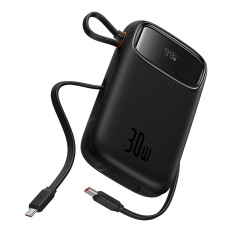 Power Bank 10000mAh QPOW 2 30W ar iebūvētiem USB-C kabeļiem - melns