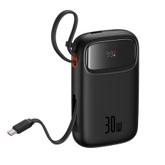Power Bank 10000mAh QPOW 2 30W ar iebūvētiem USB-C kabeļiem - melns