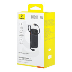Power Bank 10000mAh QPOW 2 30W ar iebūvētiem USB-C kabeļiem - melns