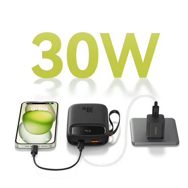 "Power Bank 10000MAH" QPow 2 30W su įmontuotu USB-C kabeliais - juoda
