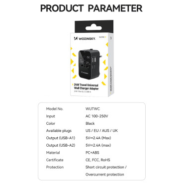Potovalni adapter Univerzalni nakladalec 24W EU / US / AUS / UK / 2x USB-A - črna