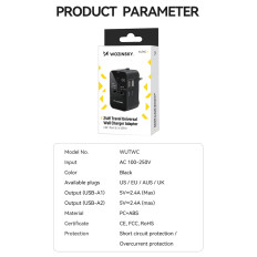 Adaptador de viagem Universal Loader 24 W EU / US / AUS / UK / 2X USB-A - Preto