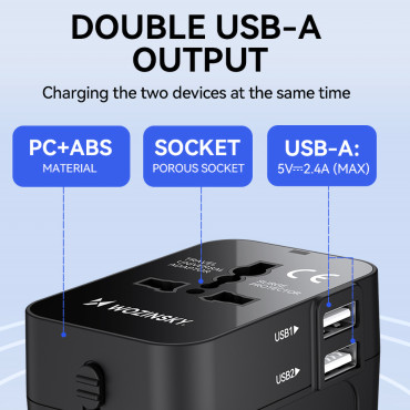 Adaptador de viagem Universal Loader 24 W EU / US / AUS / UK / 2X USB-A - Preto