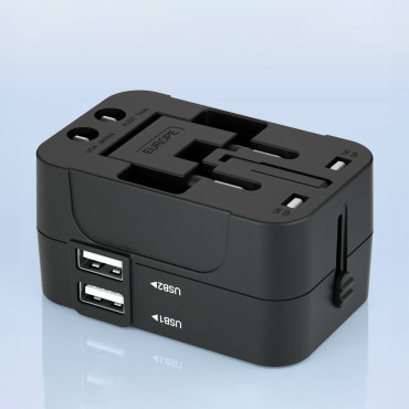 Adaptador de viagem Universal Loader 24 W EU / US / AUS / UK / 2X USB-A - Preto