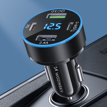 Automobilių įkroviklis su 50W 2xusb-C ekranu ir 2xusb-A - Juoda