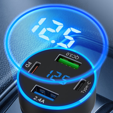 Auto lādētājs ar 50W 2xusb-C displeju un 2xusb-a - melns