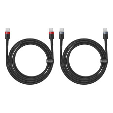 2x kabelkabel CASFLEE USB-C - USB-C 100W 2M - roodzwart en zwart en grijs
