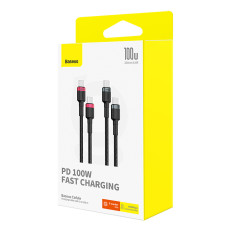 2x kabeļu kabelis cafule USB-C - USB-C 100W 1m - sarkana-melna un melna un pelēka