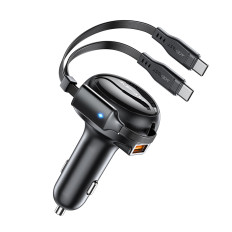 Automobilių įkroviklis B13 53W USB-A + 2 USB-C išskleidžiami kabeliai - juodi