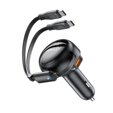 Carregador de carro B13 53W USB-A + 2 Cabos suspensos USB-C - Preto