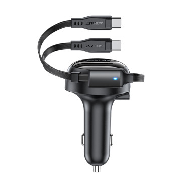 Automobilių įkroviklis B13 53W USB-A + 2 USB-C išskleidžiami kabeliai - juodi