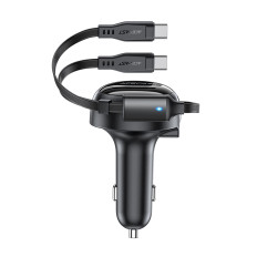 Automobilių įkroviklis B13 53W USB-A + 2 USB-C išskleidžiami kabeliai - juodi