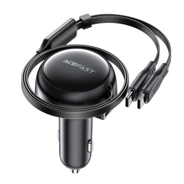 Automobilių įkroviklis B13 53W USB-A + 2 USB-C išskleidžiami kabeliai - juodi