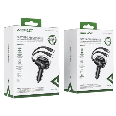 Carregador de carro B13 53W USB-A + 2 Cabos suspensos USB-C - Preto