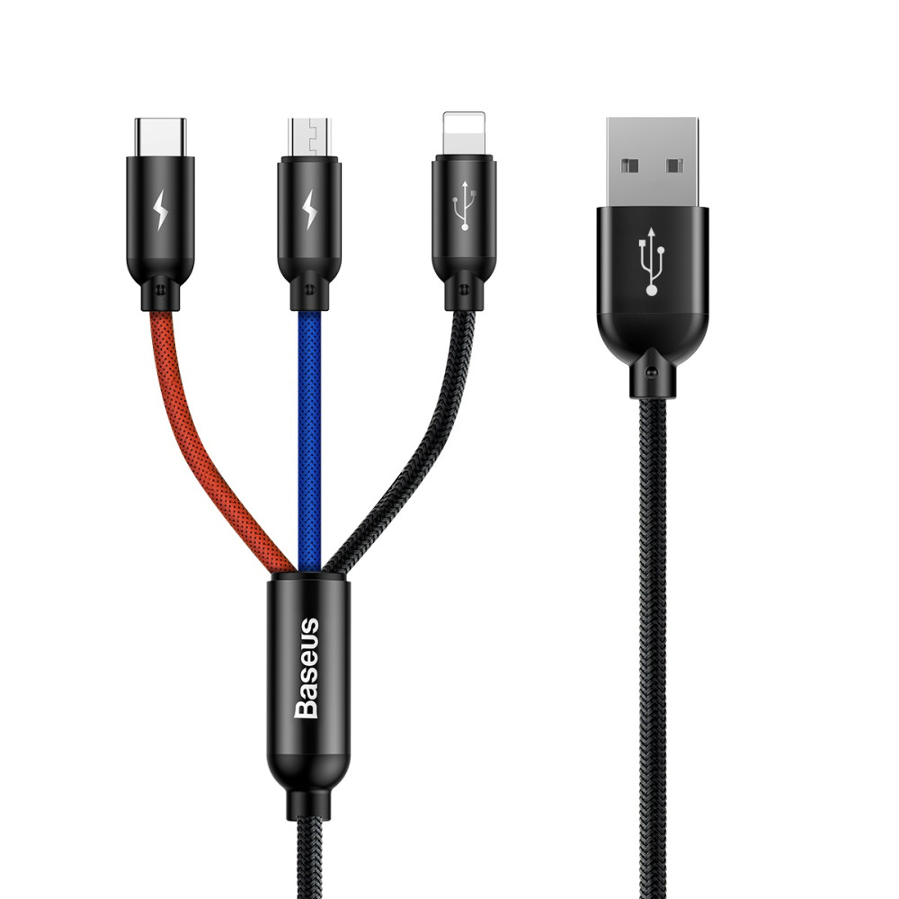 3in1 Kabel USB-A-Kabel - Micro USB / iPhone-Blitz / USB-C 3.5A 0.3m - schwarz