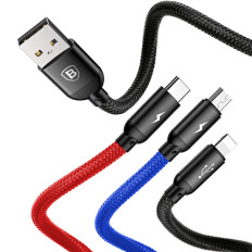 3in1 kabel USB-A-kabel - Micro USB / iPhone-bliksem / USB-C 3.5A 0.3m - Zwart